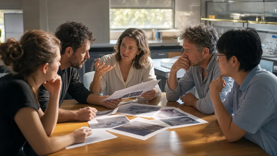 Researchers in a bright meeting room discuss printed documents around a wooden table.