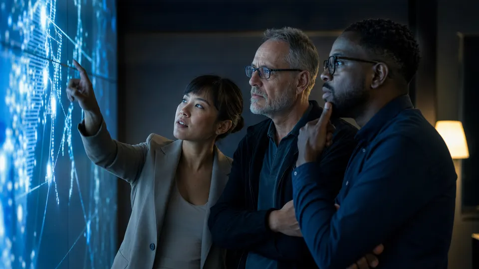 Three engineers confer in a dim operations room lit by a large wall display, in an illustration of AI safety monitoring.