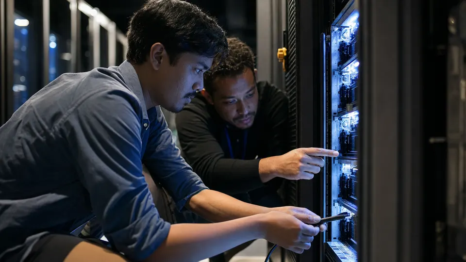 Two engineers examine open server hardware in a dimly lit data center, lit by blue equipment lights.