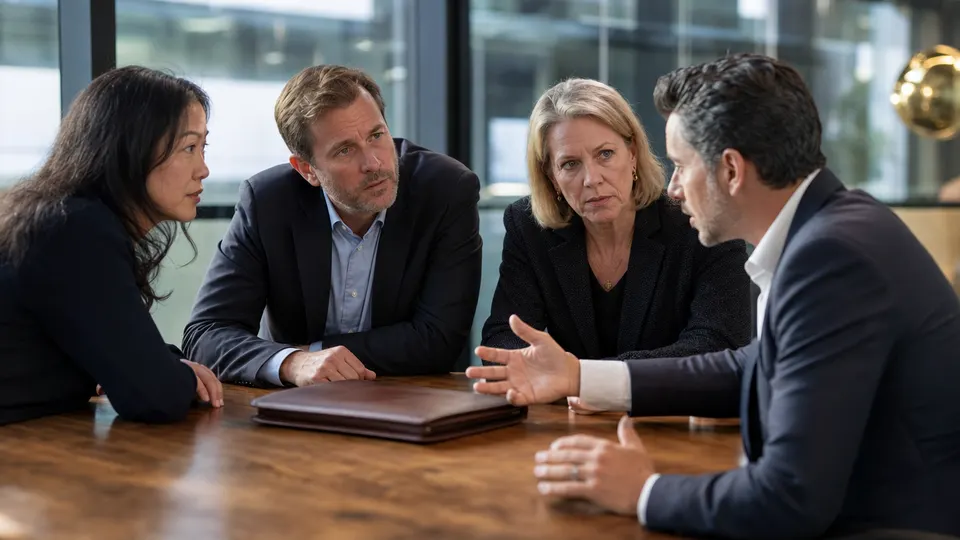 Business executives and a vendor representative in a serious meeting around a boardroom table, illustrating enterprise data privacy talks.