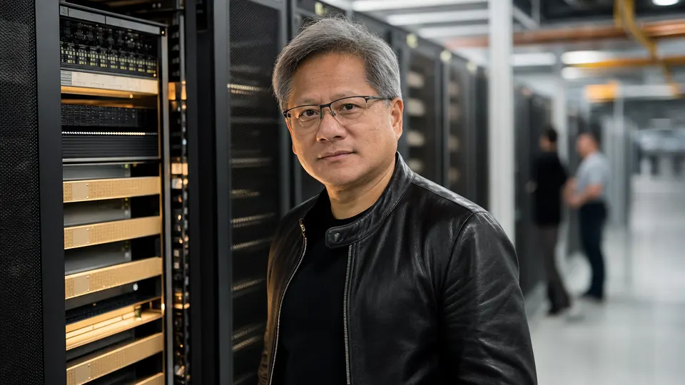 Jensen Huang standing beside rows of server hardware in a data center, illustrative image for a story about chip export policy.