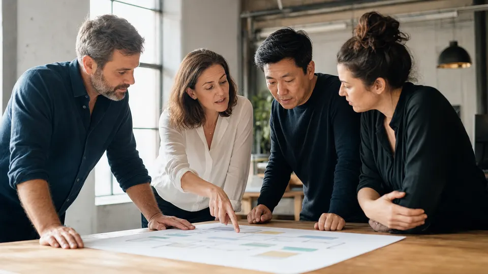 Four engineers gather around a table to discuss a workflow diagram in a bright room, an illustrative photo rather than a real event.