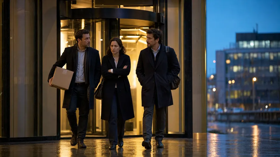 Three people leave a glass-fronted office building at dusk, one carrying a box. Illustrative photo, not a depiction of a real event.