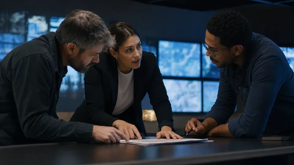 Three engineers confer around a table in a dimly lit security operations room, lit by the glow of monitors behind them.