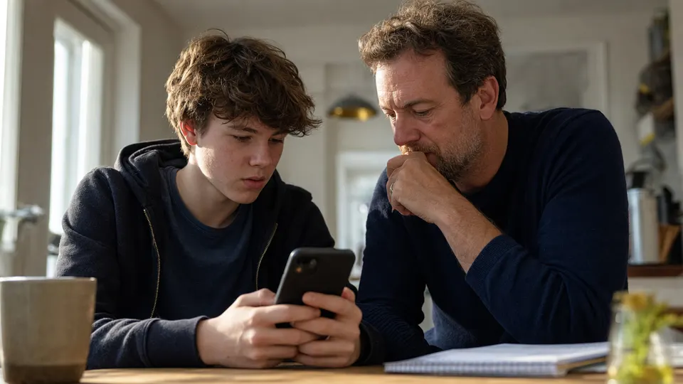 A teenager and a parent at a kitchen table looking together at a smartphone in warm afternoon light.