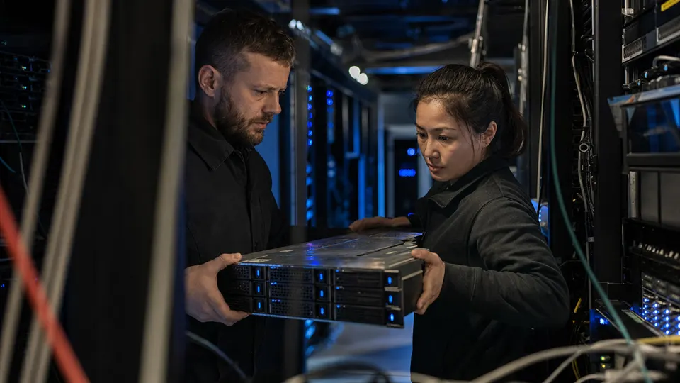 Two technicians remove an old server unit from a rack in a dimly lit data center, lit by blue indicator lights.