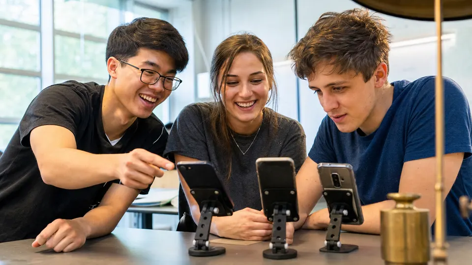 Engineers in a lab gather around several Android phones on test stands, watching the screens closely.