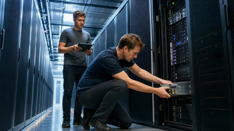 Two engineers working at an open server rack in a data center aisle, one handling a hardware module while the other looks on.