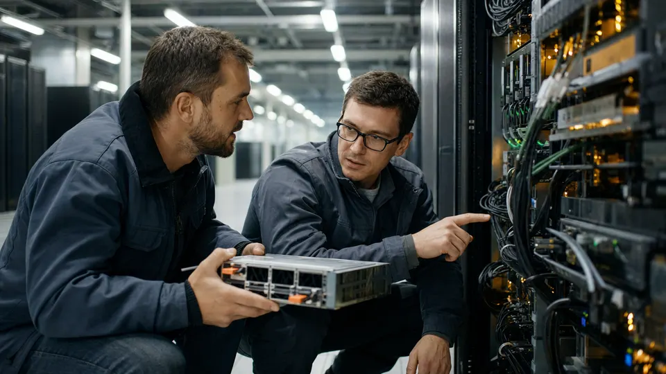 Two engineers examine a computing module beside an open server rack in a large data center.