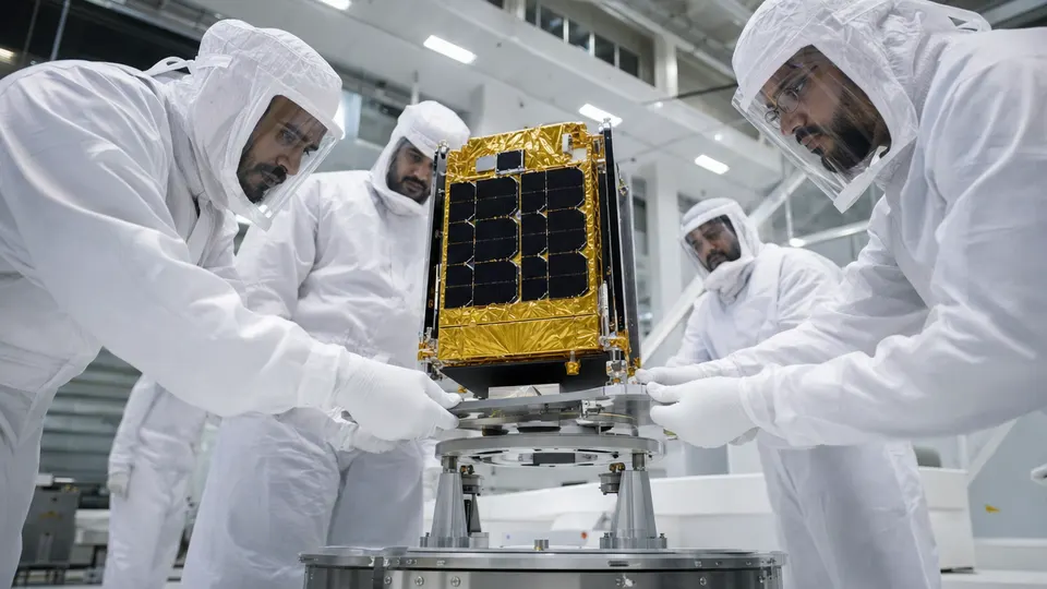 Engineers in cleanroom suits lowering a small satellite onto a stand in a bright assembly hall.