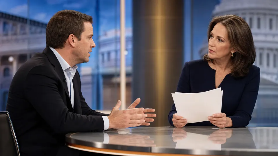 A defense-tech executive in a dark suit speaks with a television host across a studio desk under warm lighting.