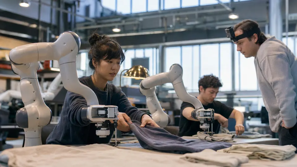 Workers operating paired robotic arms in a robot training gym while a colleague wearing a head-mounted camera looks on.