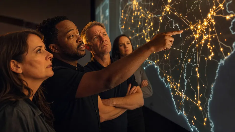 Grid operators in a dim control room look at a glowing wall map of a regional power network.