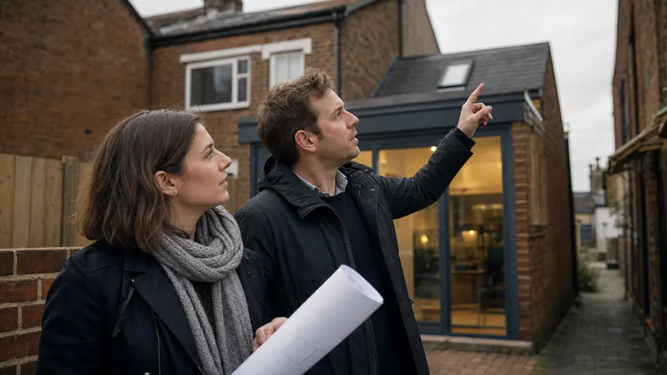 Two planning officers reviewing building drawings outside a brick terraced house with an extension