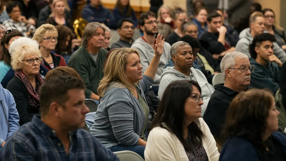 Residents of varied ages sit in rows at a community meeting in a school gym, listening intently as one woman raises her hand.