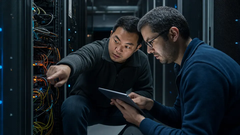 Two engineers inspecting an open server rack in a dim data center, lit by blue indicator lights.