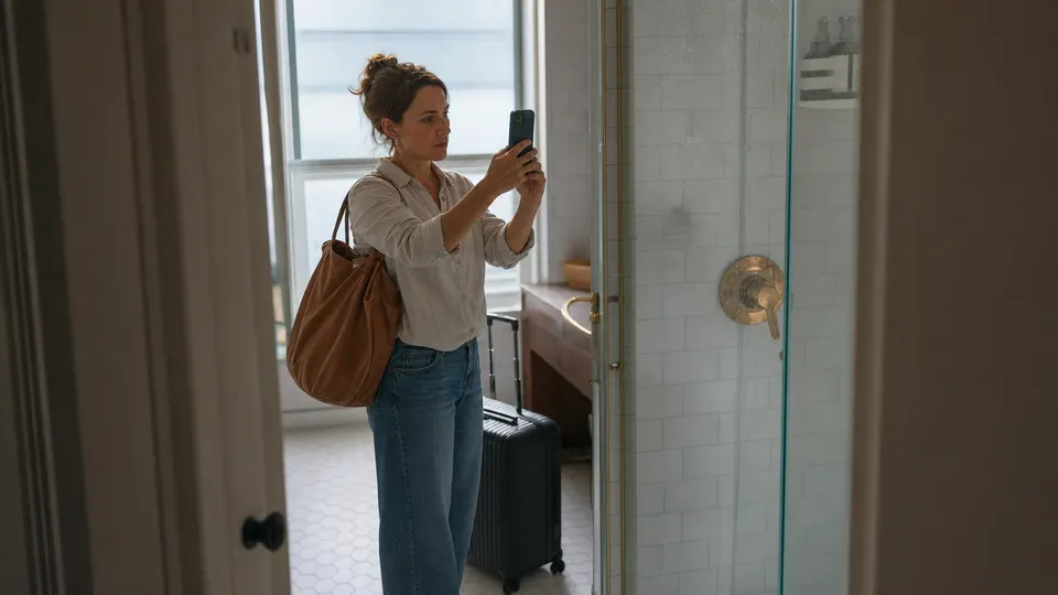A woman in a rental apartment bathroom takes a photo of the tiled shower with her phone.