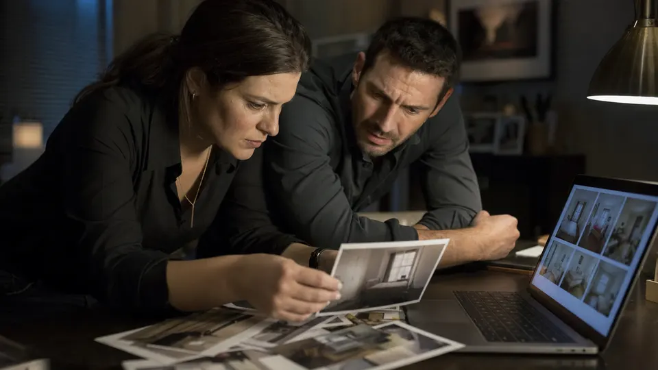 Two investigators in a dim room compare a printed bedroom photo with a grid of room images on a laptop.