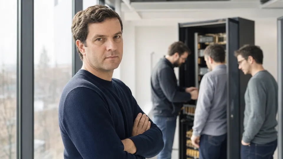 Illustrative portrait of a startup chief executive in a bright research office, with engineers and server hardware blurred in the background.