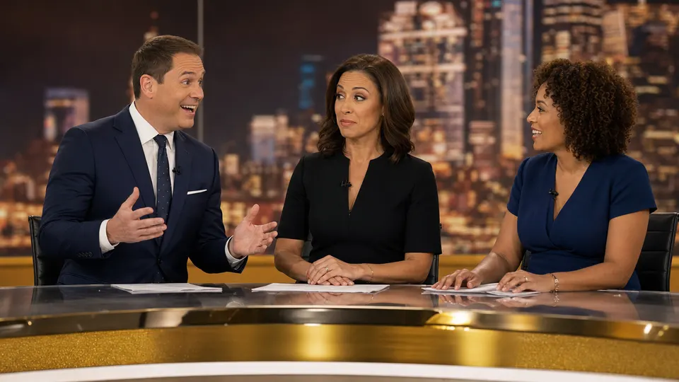 Three news anchors in animated conversation at a gold-trimmed studio desk with a glowing skyline behind them.