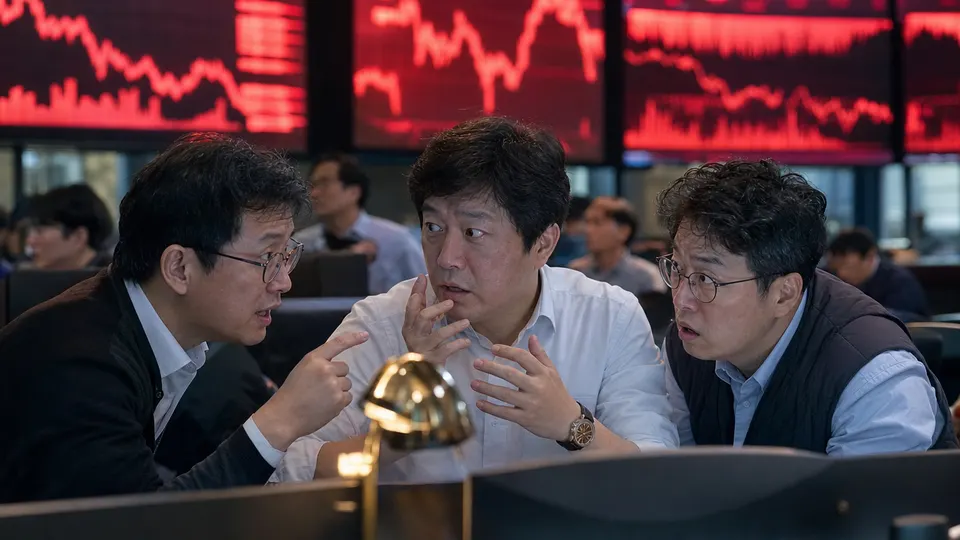 Traders in a Seoul trading room watching a wall of red-glowing charts, their faces tense as they talk to each other.