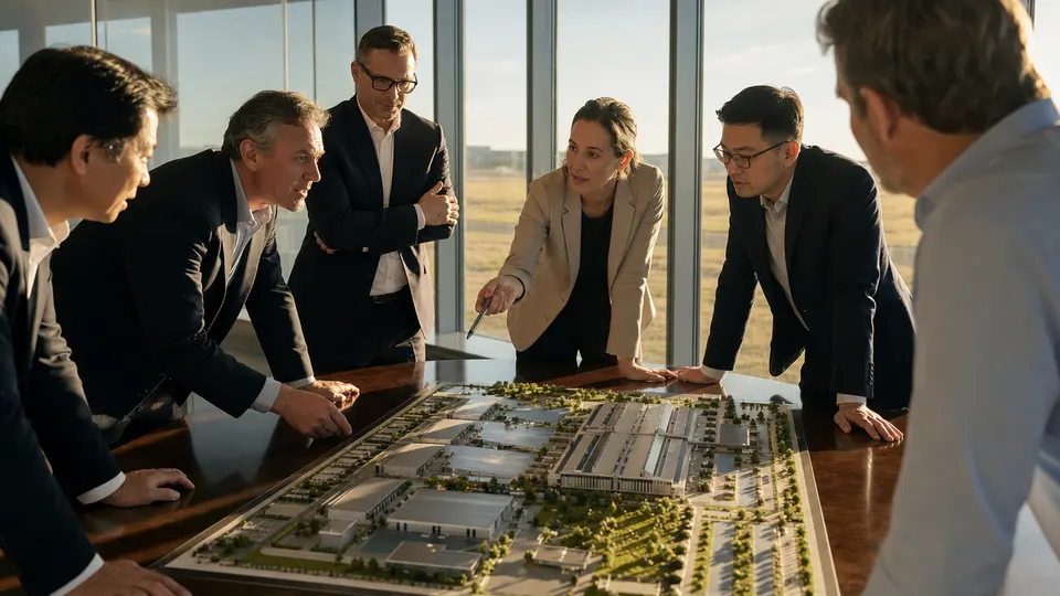 Investors, bankers and engineers gathered around a table examining a scale model of a data center campus in warm golden light.