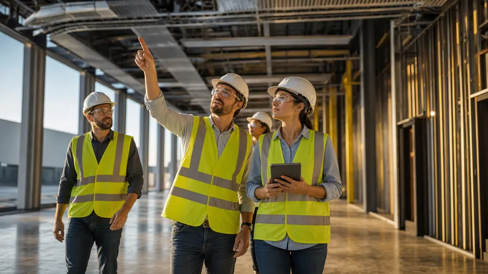 Engineers in hard hats walk through a large data center hall under construction in warm golden light.