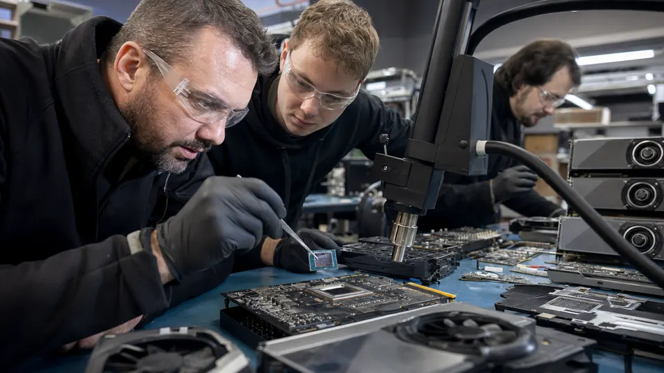 Technicians in a workshop handle a bare GPU chip at a workbench surrounded by disassembled graphics cards and finished blower-style boards.
