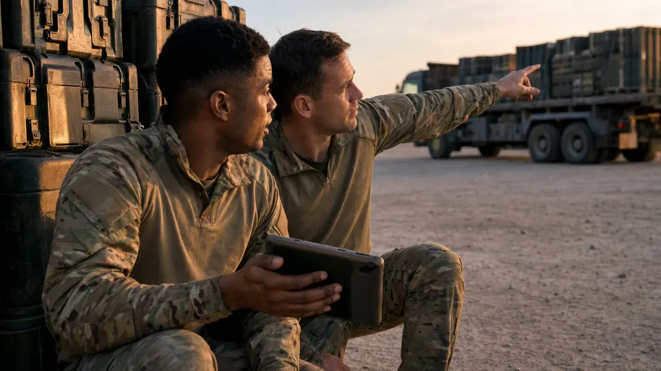 Two soldiers review supply logistics on a rugged tablet beside stacked crates in a staging yard at dusk, an illustrative image.