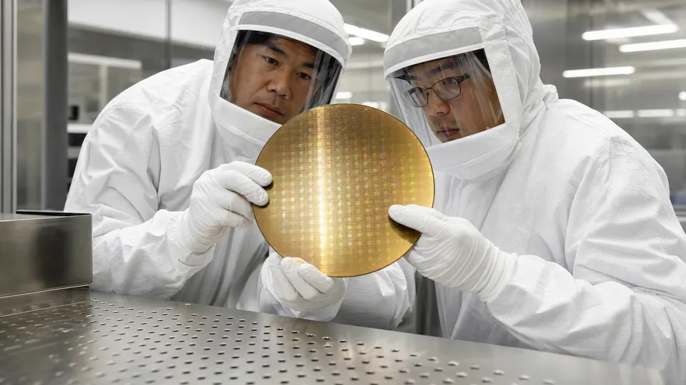 Two engineers in cleanroom suits examine a silicon wafer under bright light in a chip fabrication facility.