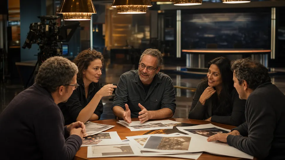 Studio staff in a gilded broadcast studio talk animatedly around a round table covered with printed pages in warm gold light.