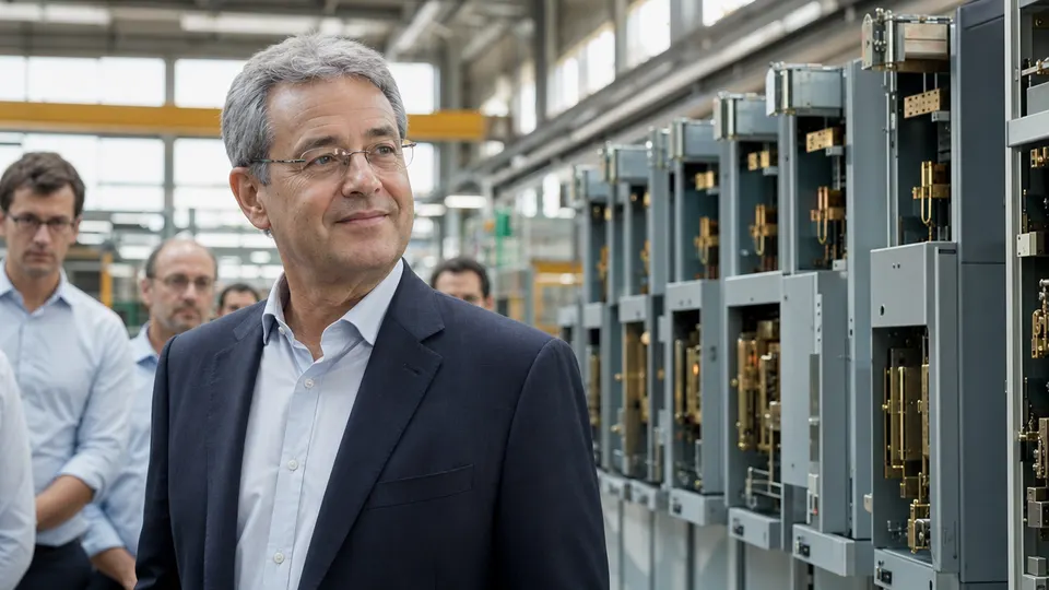 A business executive in a suit stands in a bright factory hall beside rows of large electrical switchgear cabinets while engineers work behind him.