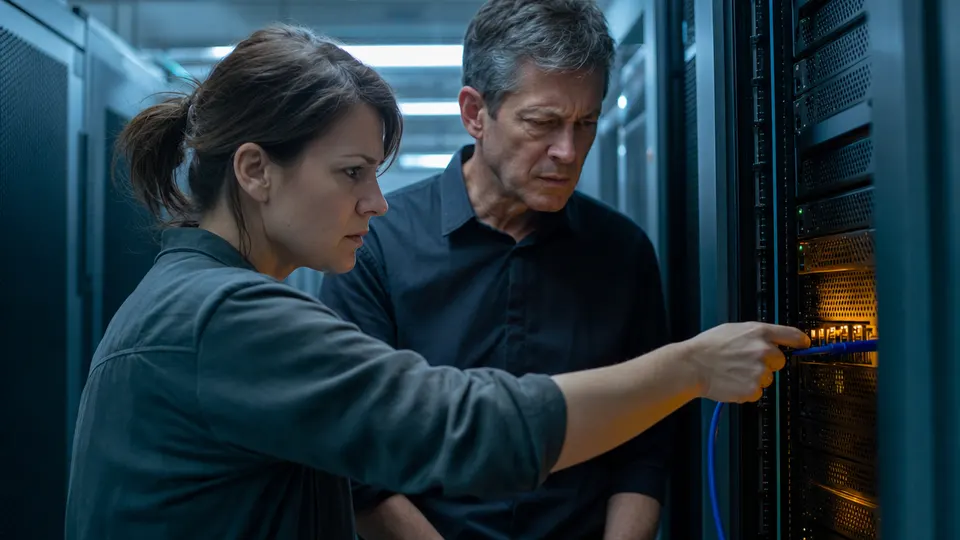 Two researchers in a server room, one unplugging a network cable from a rack while the other looks on with concern.