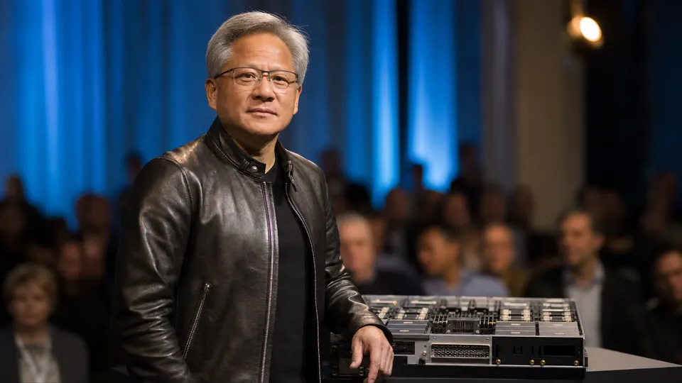 Jensen Huang standing beside computing hardware at a technology conference, in an illustrative photo-style image