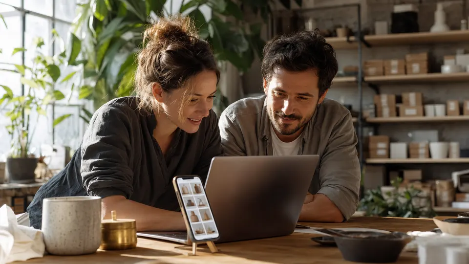 Two developers at a workbench in a sunny coworking loft look at a phone showing a grid of product photos while working on a laptop.