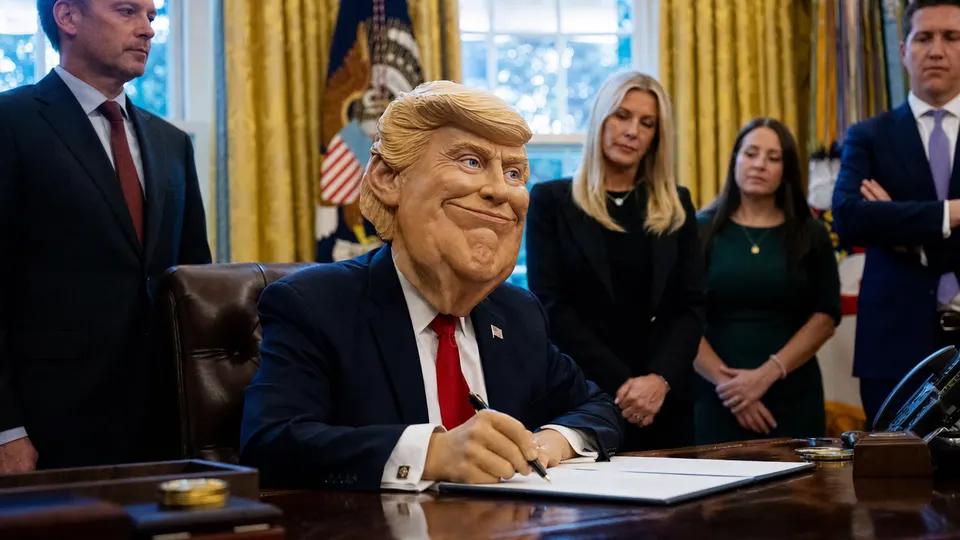 President Donald Trump signs an executive order at the Resolute Desk in the Oval Office as aides watch.