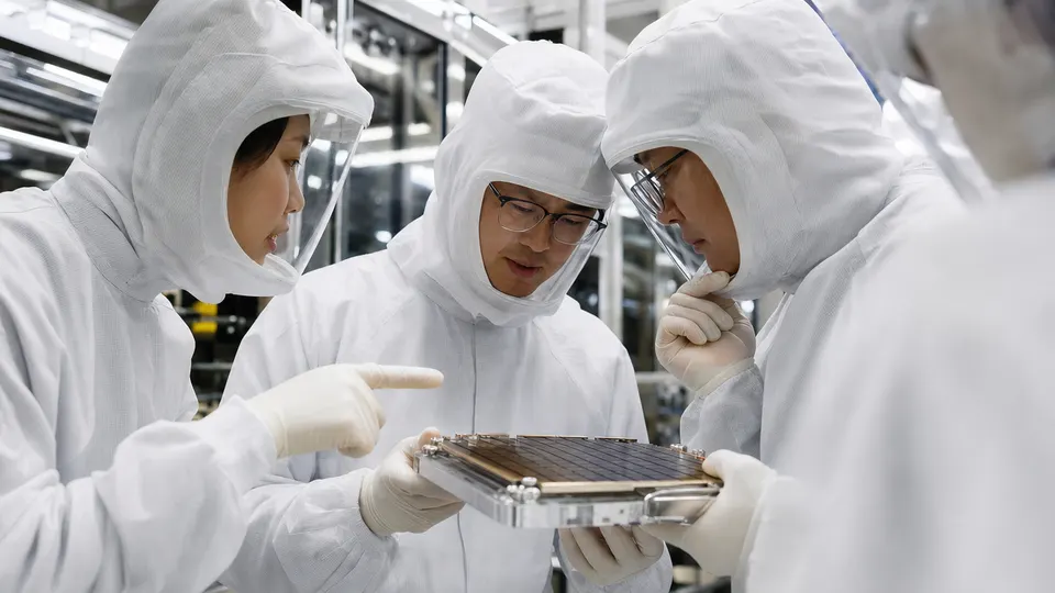 Semiconductor engineers in cleanroom suits inspecting a tray of memory chips inside a fabrication plant