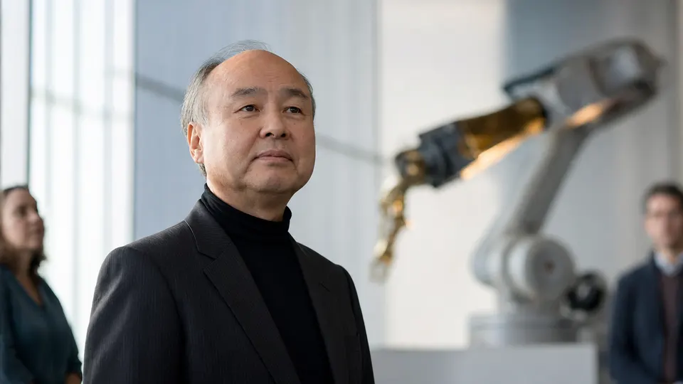 Illustrative photo of SoftBank founder Masayoshi Son in a robotics showcase hall with an industrial robot arm in the background.