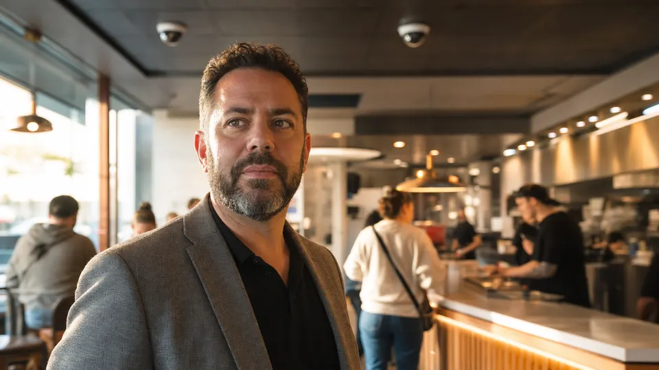 A business executive stands in a busy restaurant with security cameras on the ceiling behind him, in an illustrative photo of Solink's CEO.