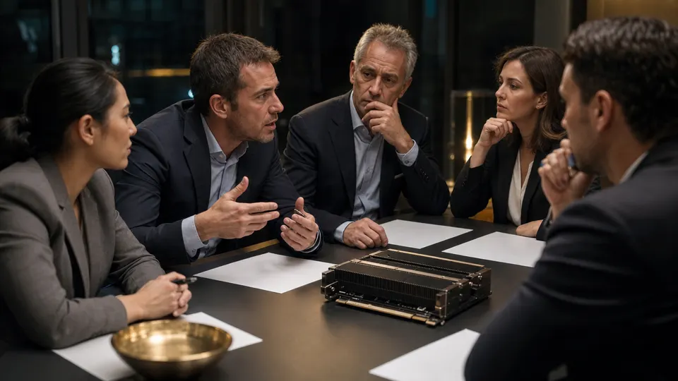 Anonymous finance professionals discuss computing-hardware financing around a table beside a GPU server module.
