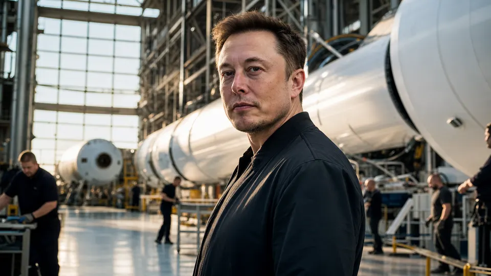 Elon Musk standing in a large rocket production hall, photographed in three-quarter view in warm light (illustrative image, not a report of a specific event).