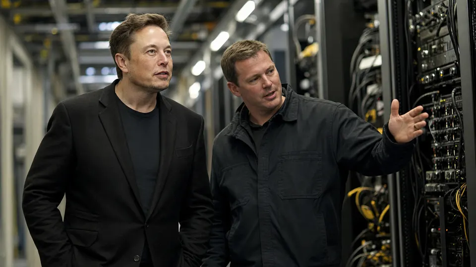 Illustrative photo of Elon Musk walking down an aisle of server racks in a large data center, with an engineer beside him.