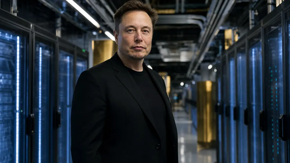 Illustrative photo of Elon Musk standing in a large data-center hall lined with server racks