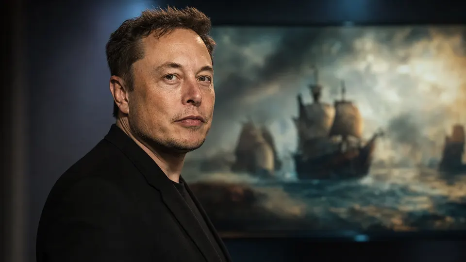 Elon Musk in three-quarter view in a dim studio in front of a glowing screen showing an abstract painted seascape (illustrative image, not a real event).
