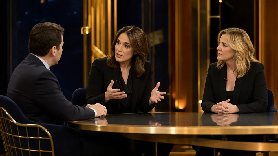 Three journalists talk around a round table in a gold-accented television news studio.
