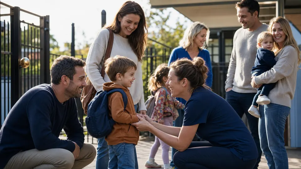 Parents and young children arriving at a suburban childcare centre gate in soft morning light, a staff member greeting a child.