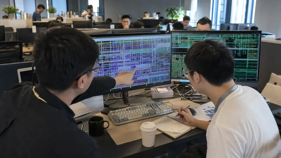 Two engineers examine a chip layout on dual monitors in a Shanghai office.