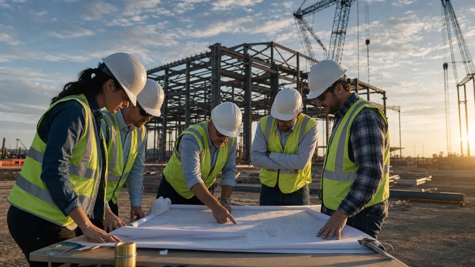 Anonymous workers review plans at a Texas industrial construction site as cranes and a steel frame rise behind them.