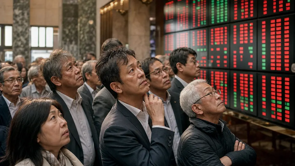 Investors and brokers in a Tokyo brokerage lobby watch a wall of red and green market displays during a tech selloff.