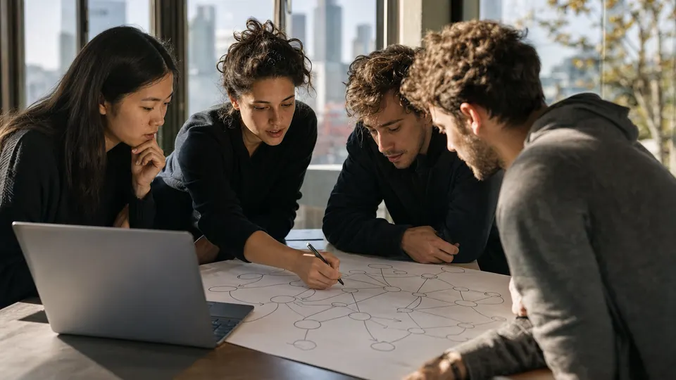 Illustration-style photo of young researchers huddled around a laptop and a hand-drawn diagram at a hackathon table in a bright room.
